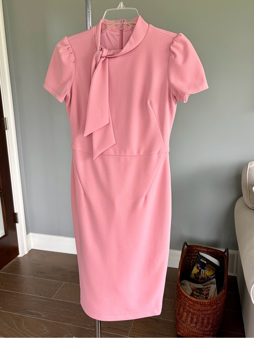 Petite Mock Neck Puff Sleeve Midi Crepe Dress with Neck Tie | 2P | Light Pink